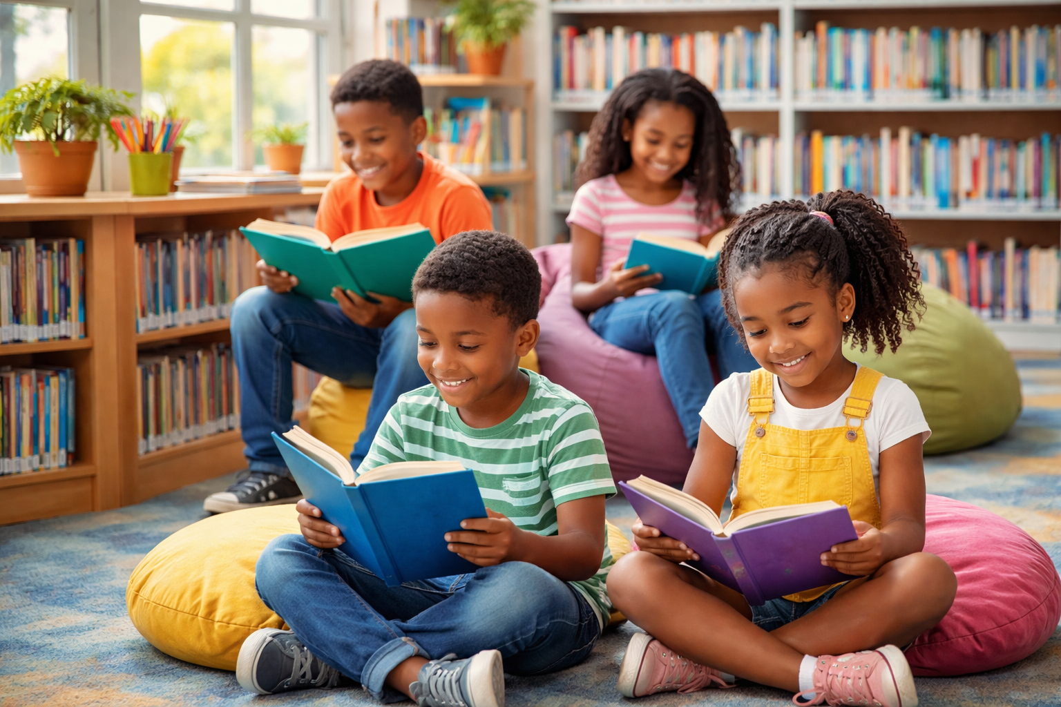 Children immersed in reading at library